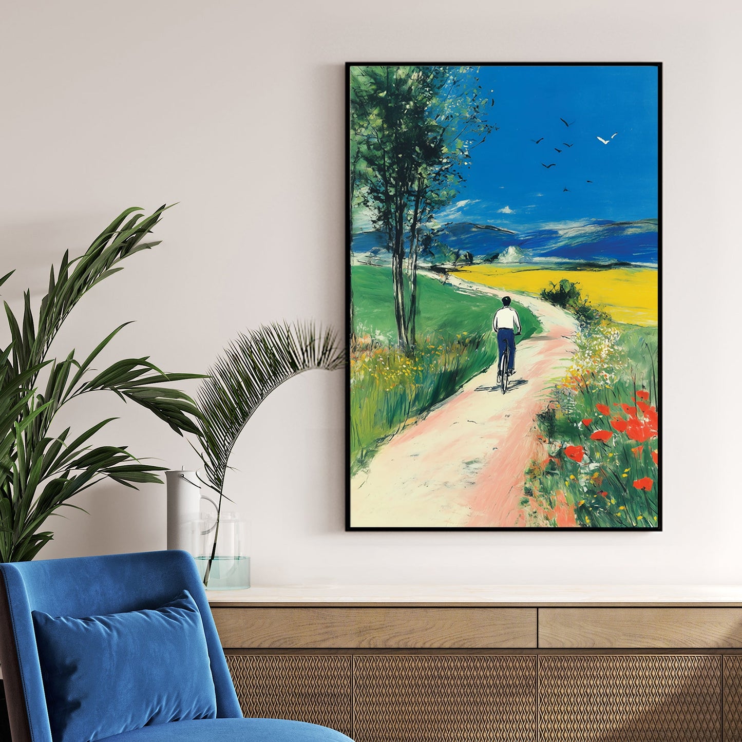 cyclist on country road painting landscape wall art