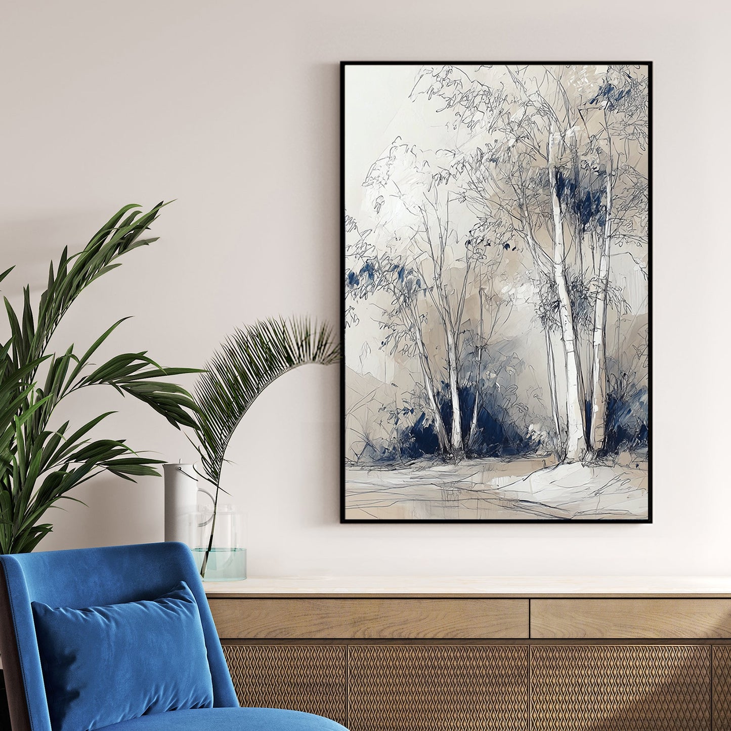 sketch-style birch tree wall art in beige and blue