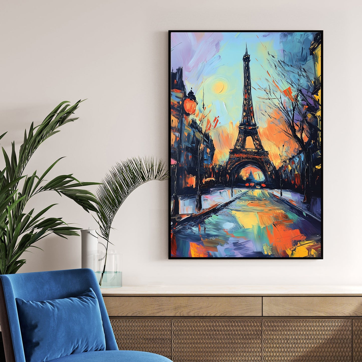 paris eiffel tower abstract wall art with vibrant brushstrokes