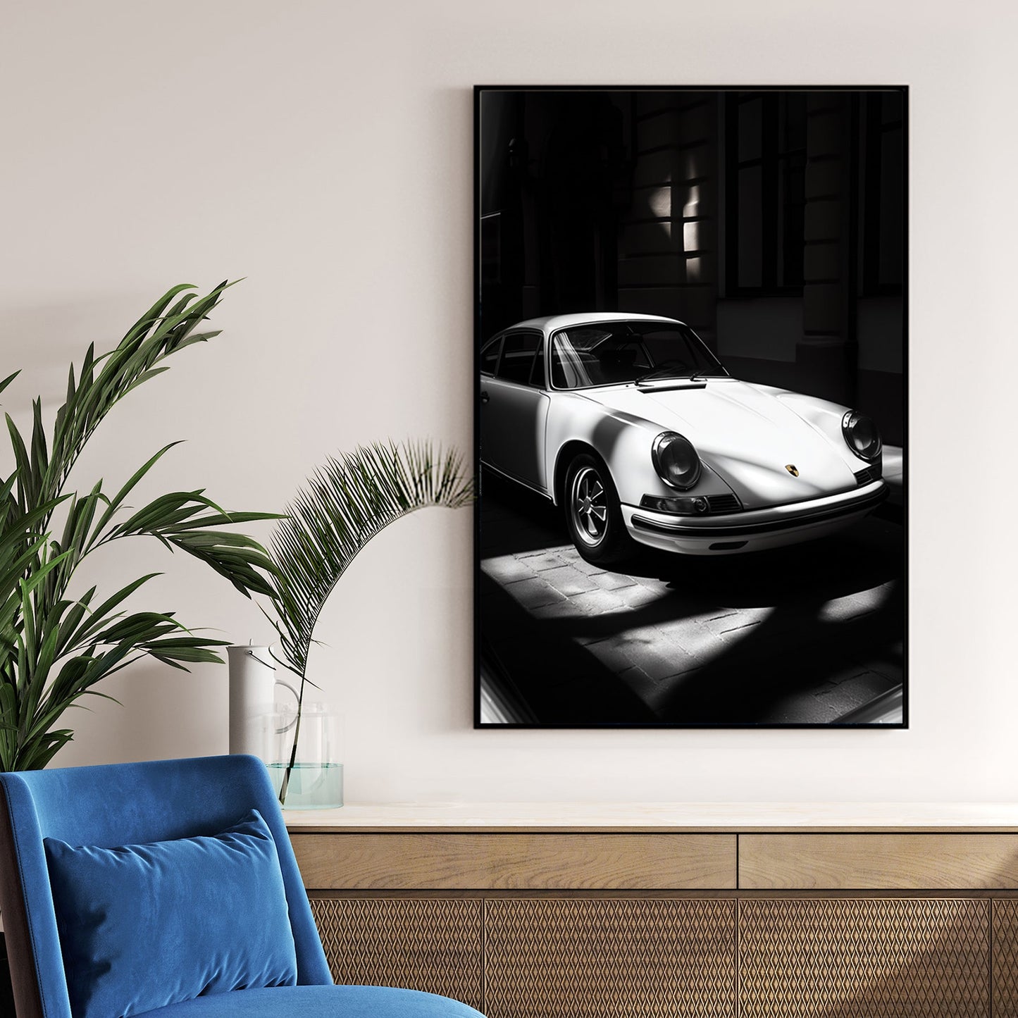 vintage porsche 911 wall art in black and white with dramatic lighting