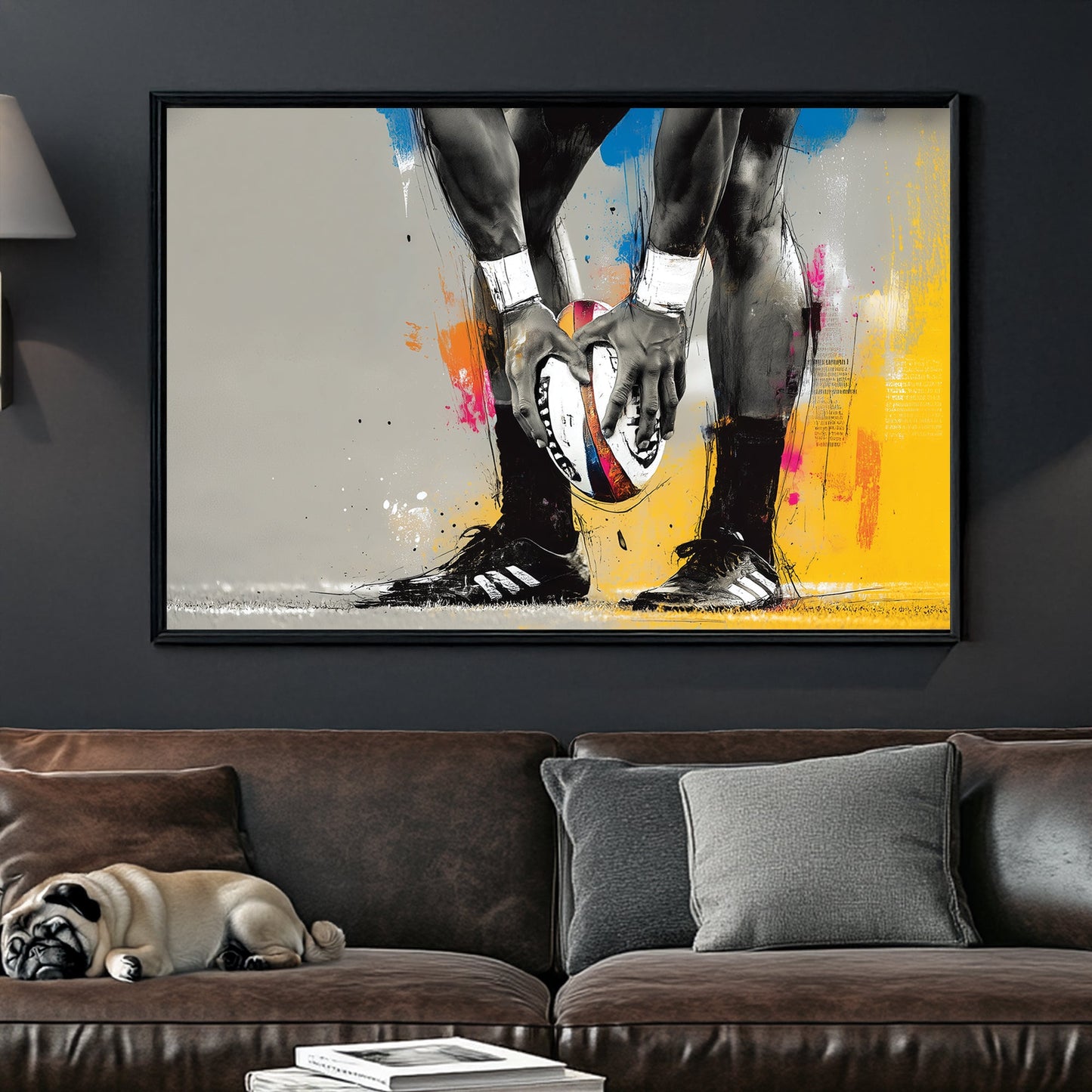 rugby sports wall art with colourful abstract brush strokes