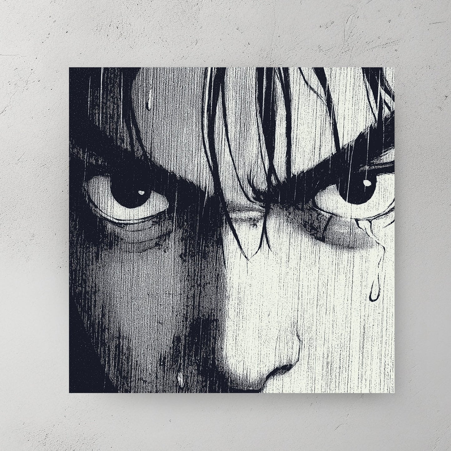 manga style wall art showing intense eyes in the rain