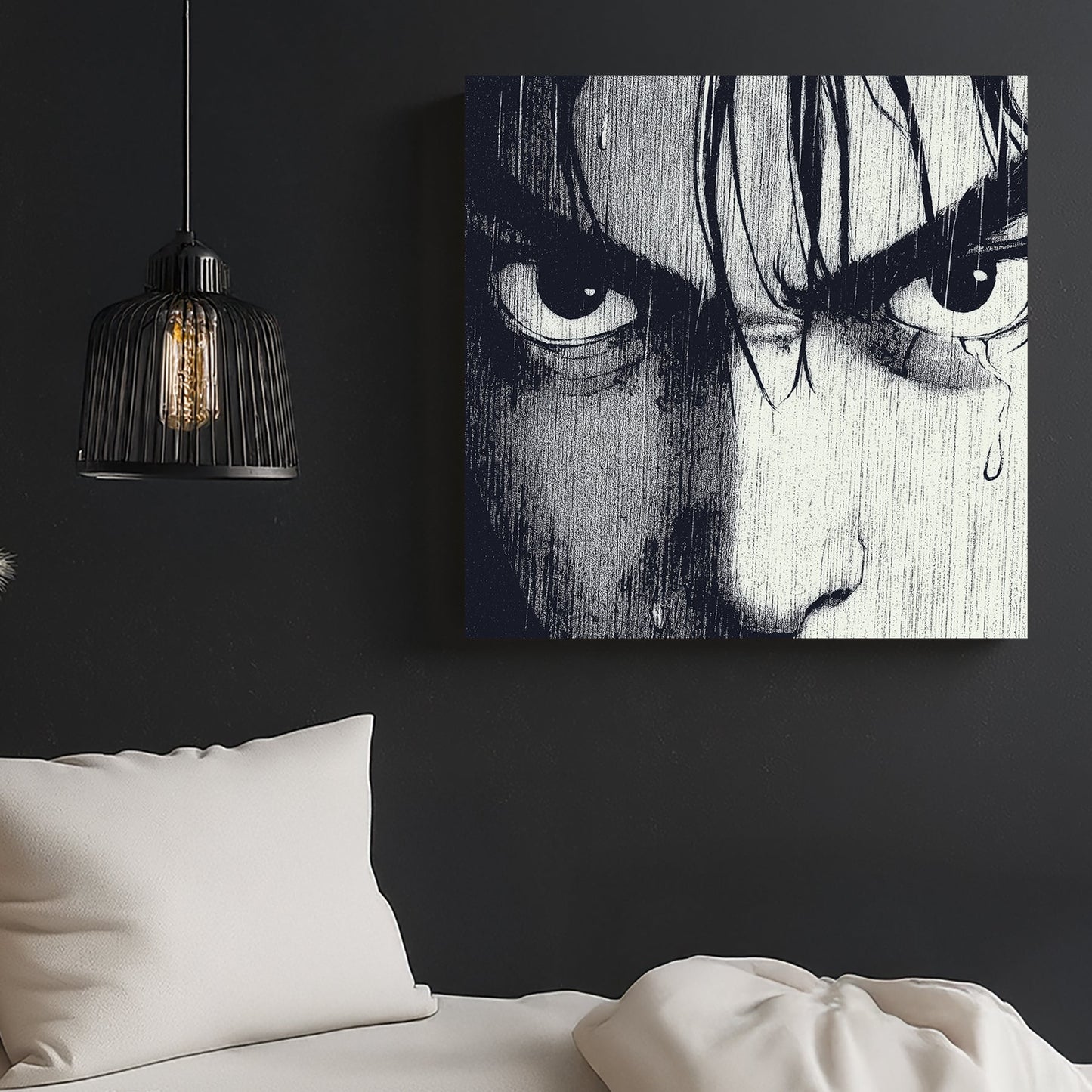 manga style wall art showing intense eyes in the rain