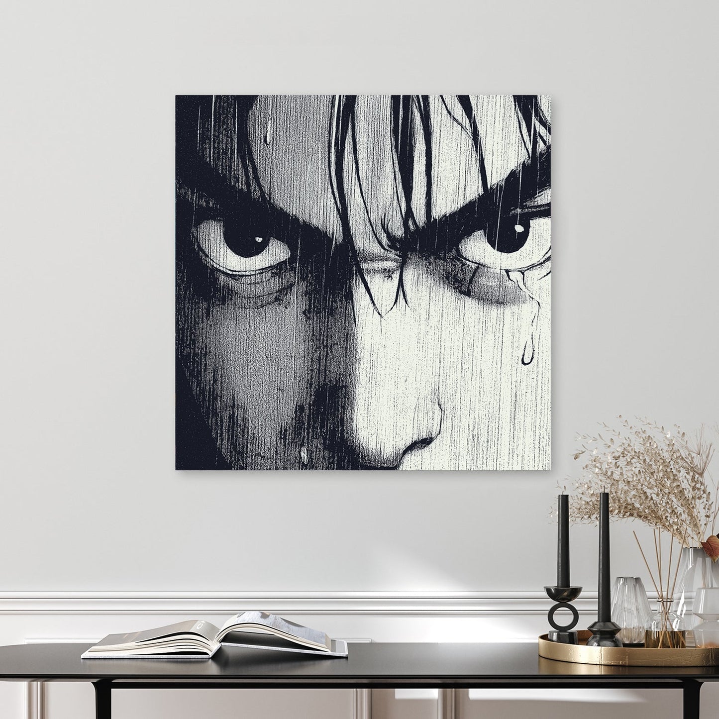 manga style wall art showing intense eyes in the rain