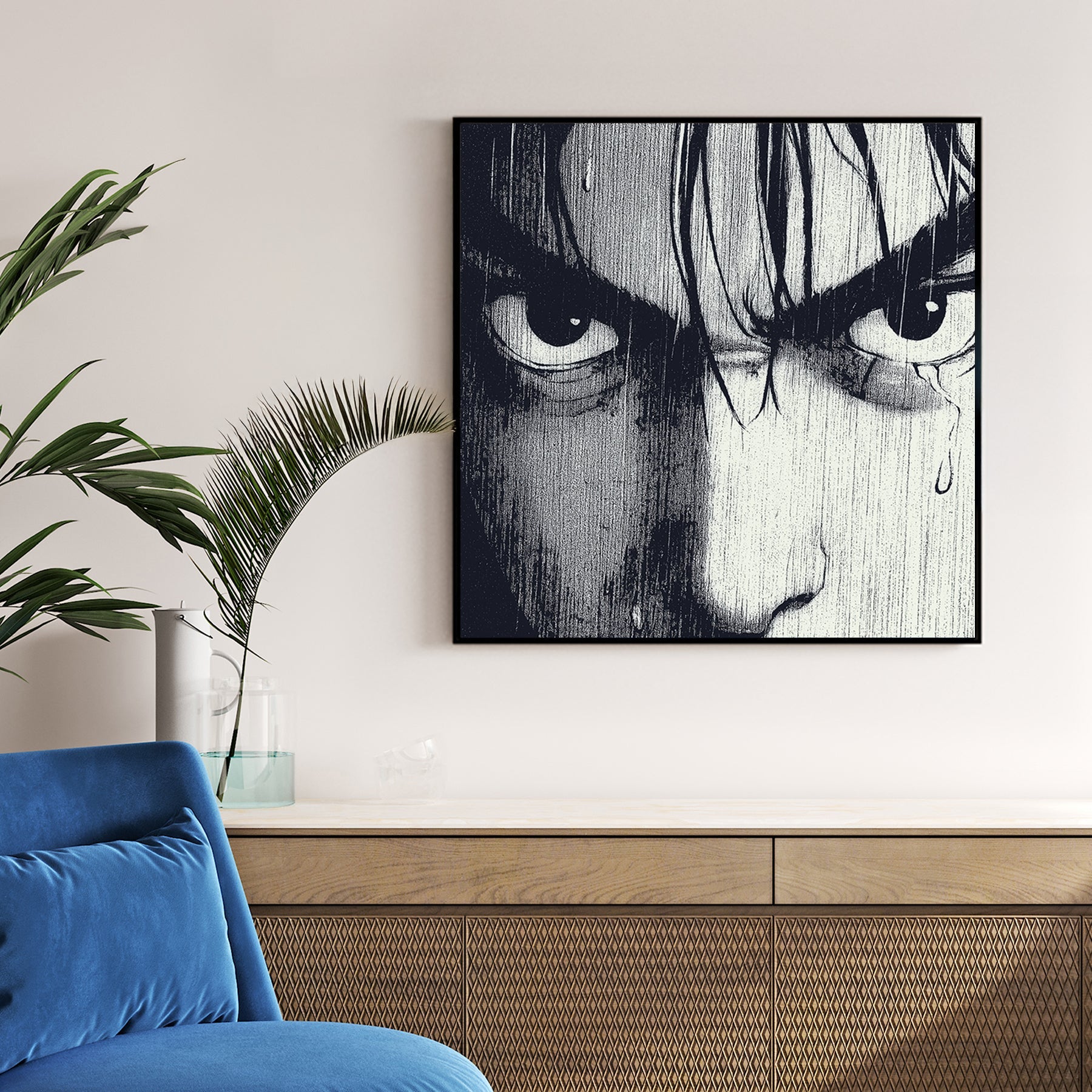 manga style wall art showing intense eyes in the rain