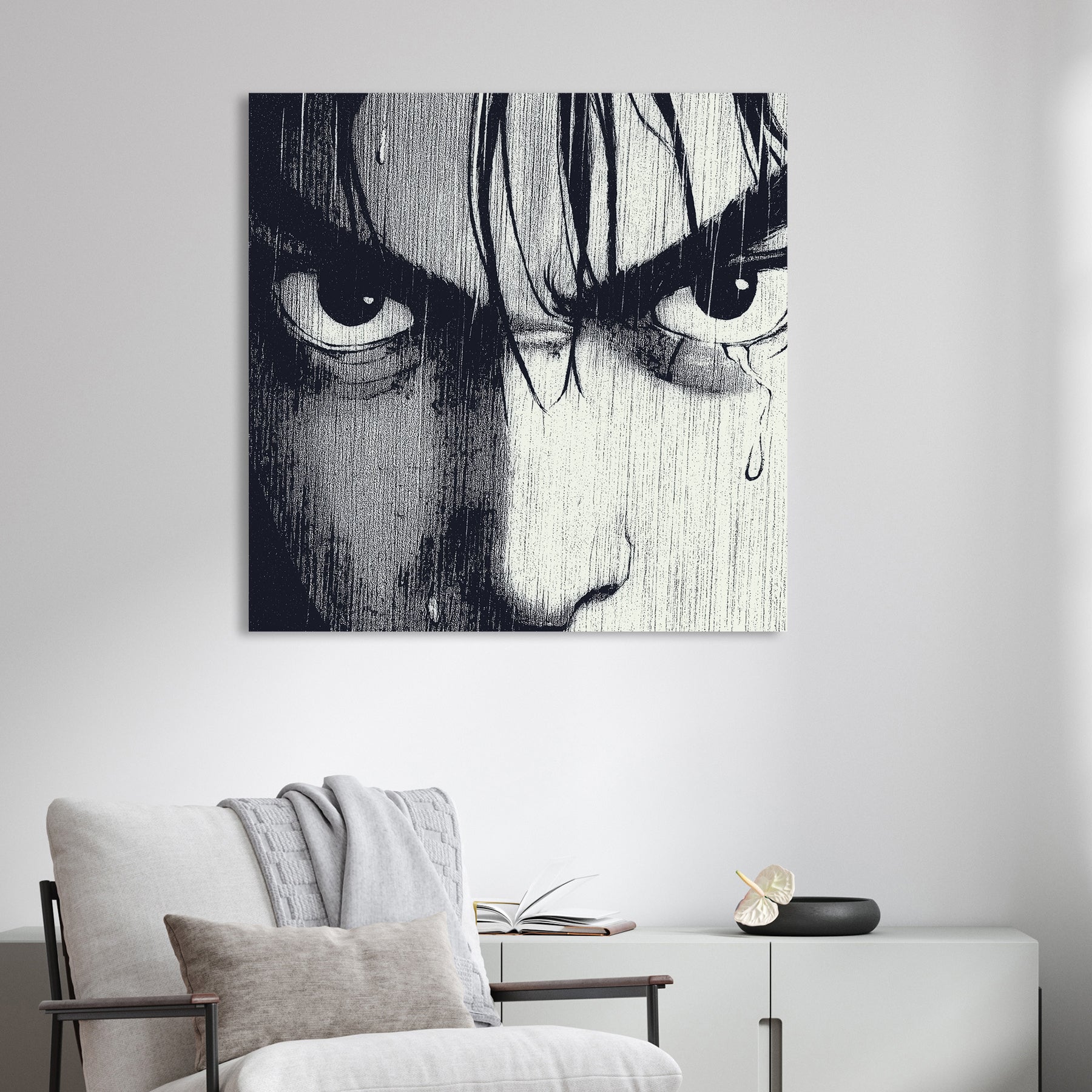 manga style wall art showing intense eyes in the rain