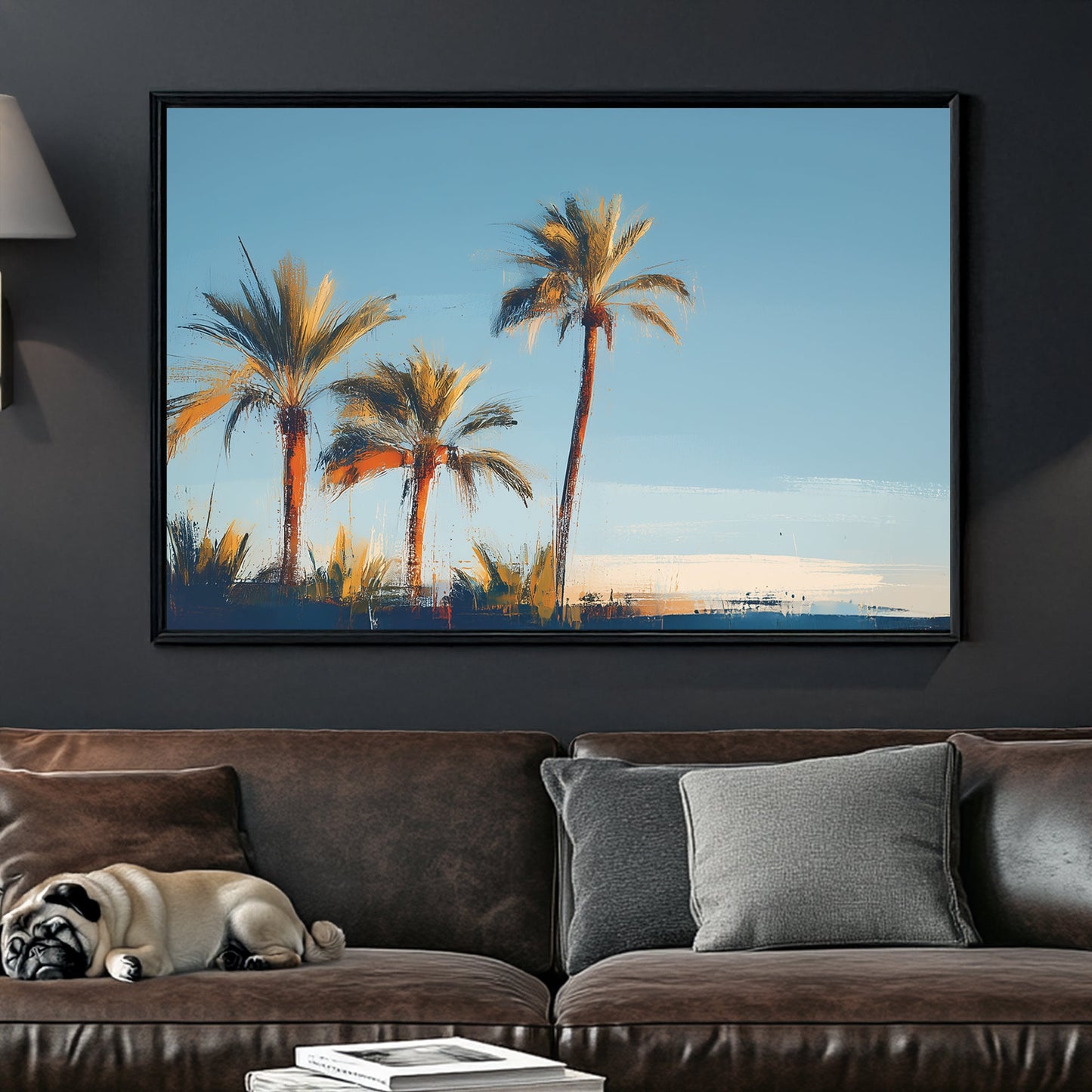 sunset palm tree wall art with soft painterly brushstrokes