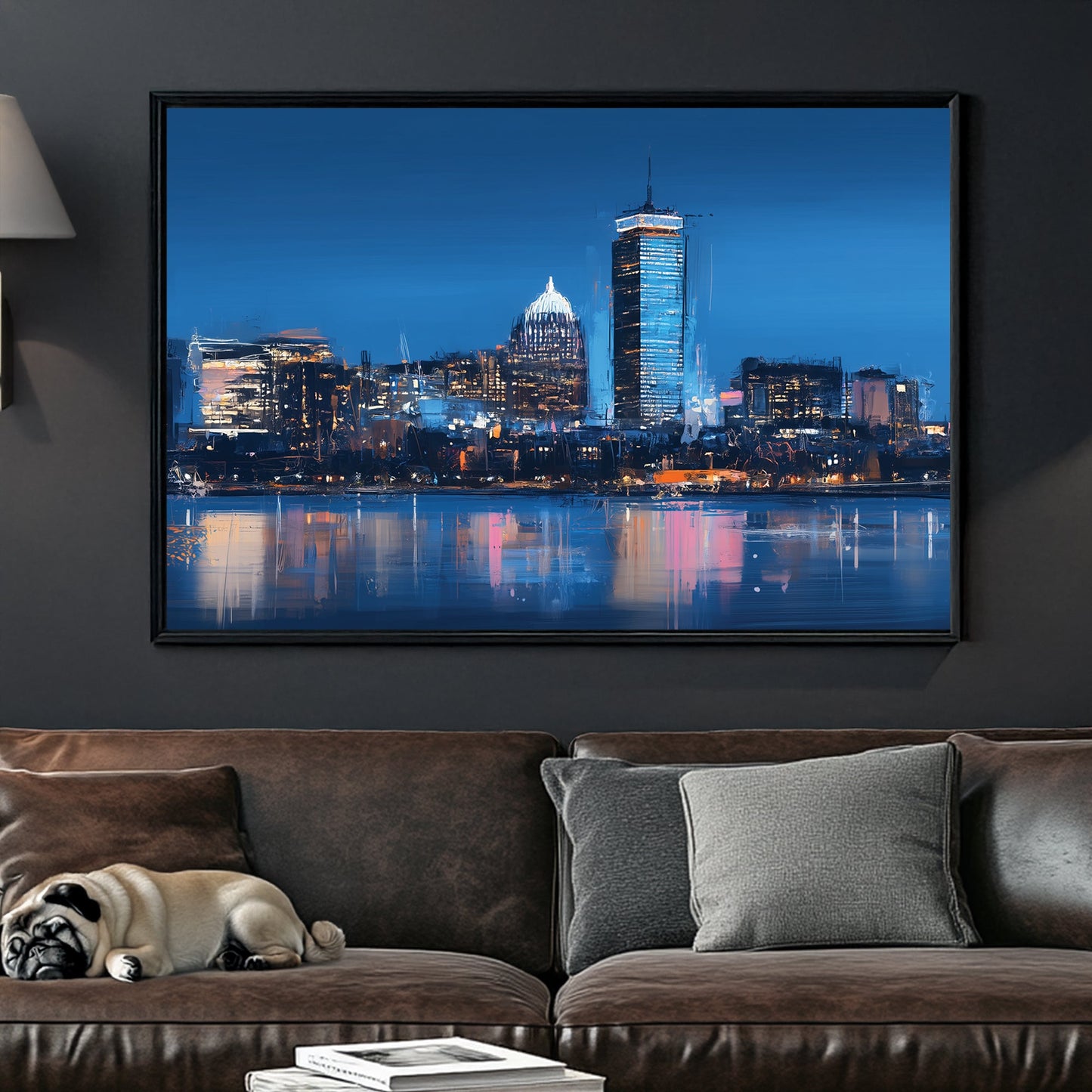 boston skyline wall art with blue night reflections
