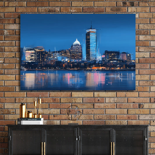 boston skyline wall art with blue night reflections