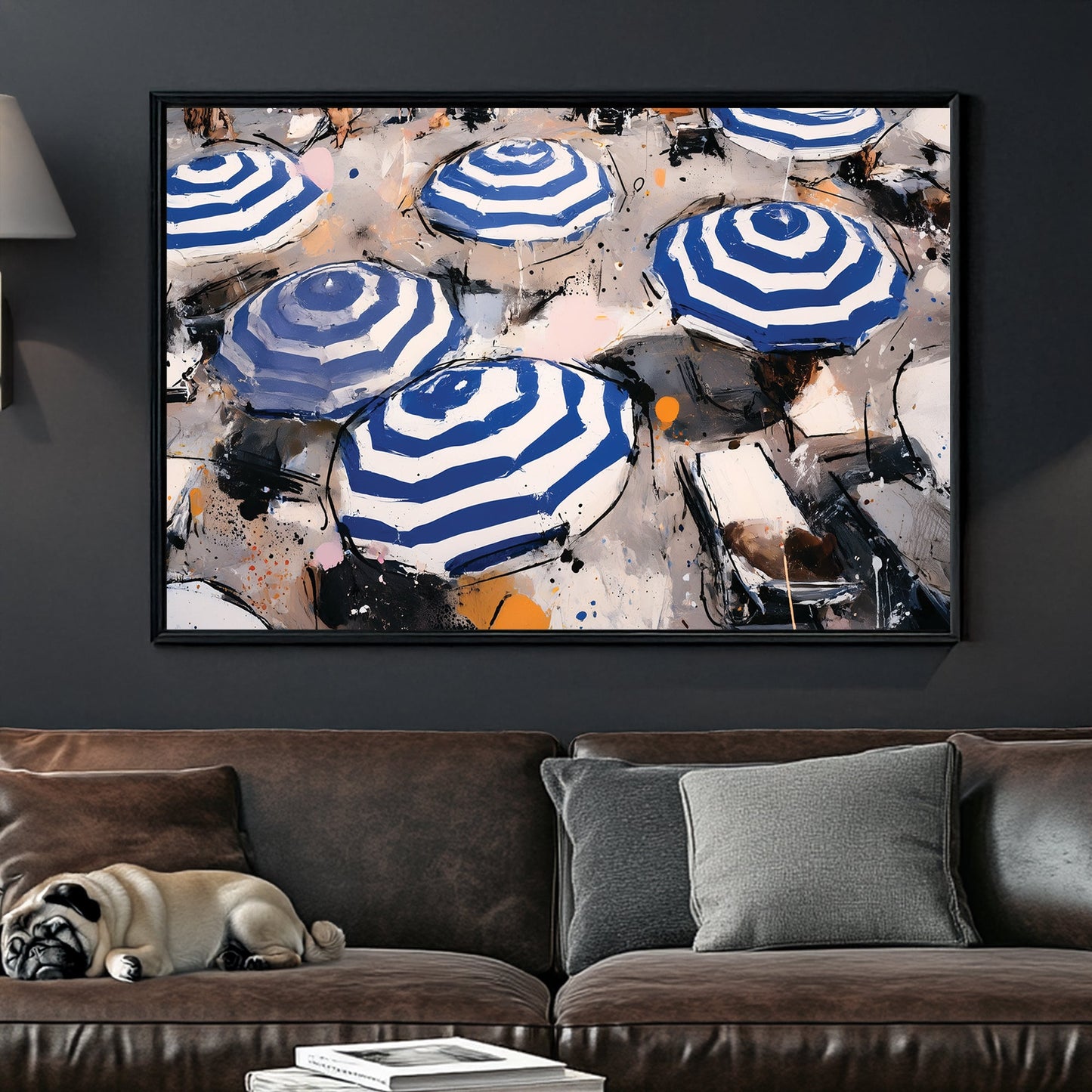 blue striped umbrellas beach wall art with abstract style