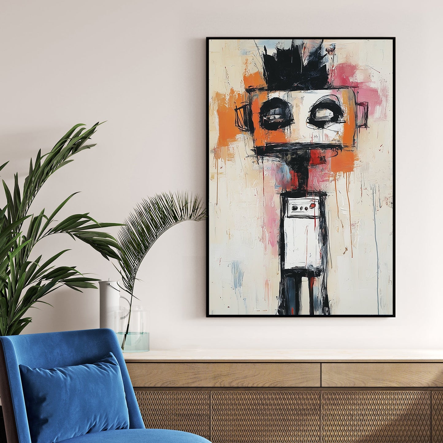 abstract robot figure wall art in basquiat style