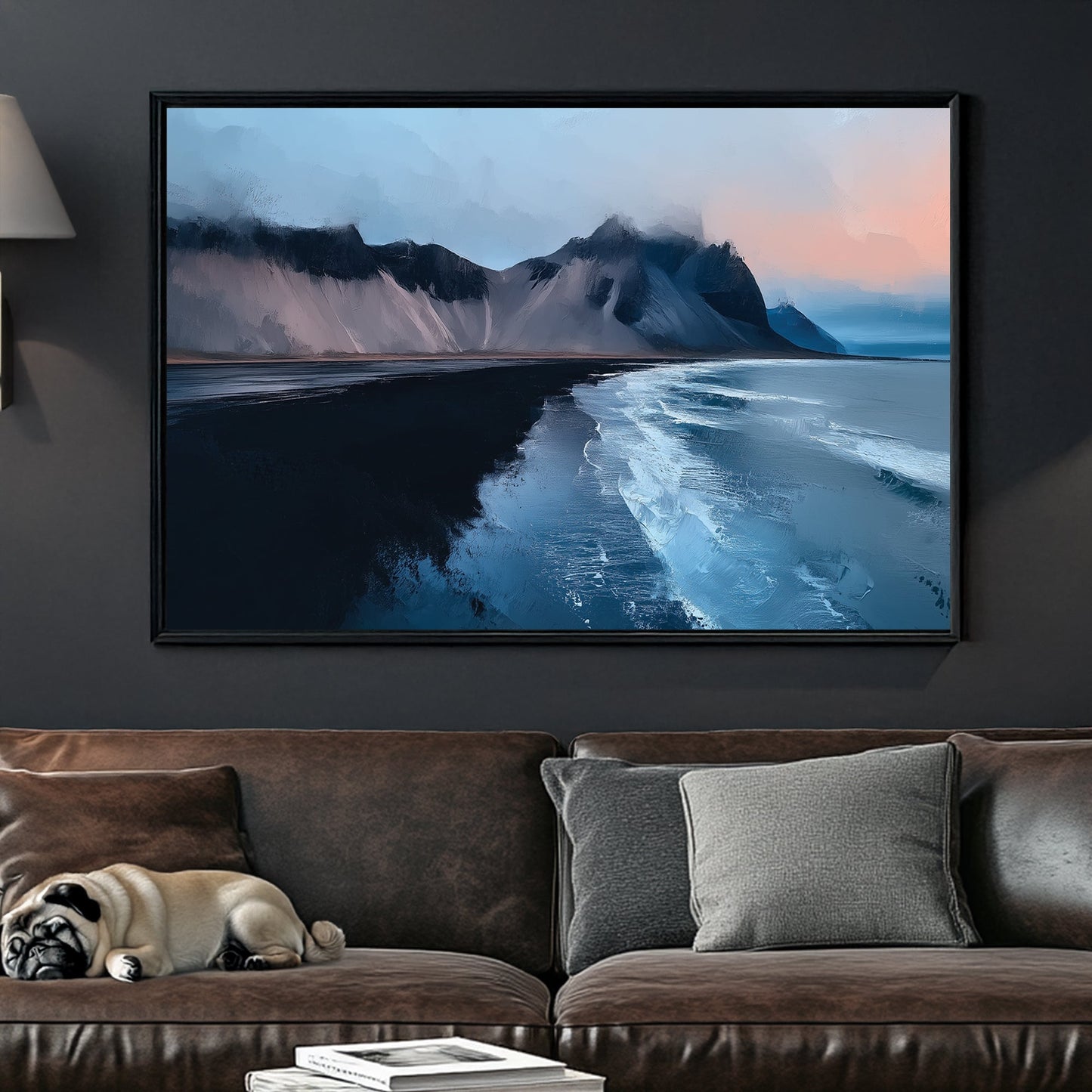 arctic seascape wall art with black sand beach and icy mountains