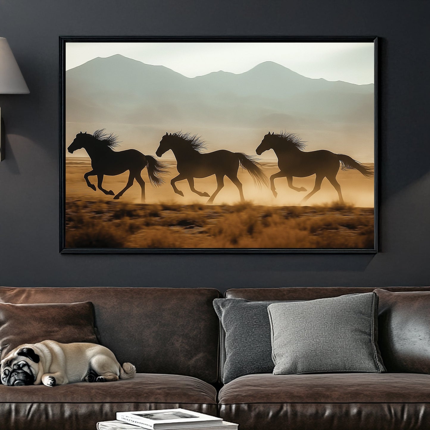 three horses running in desert with mountain background wall art