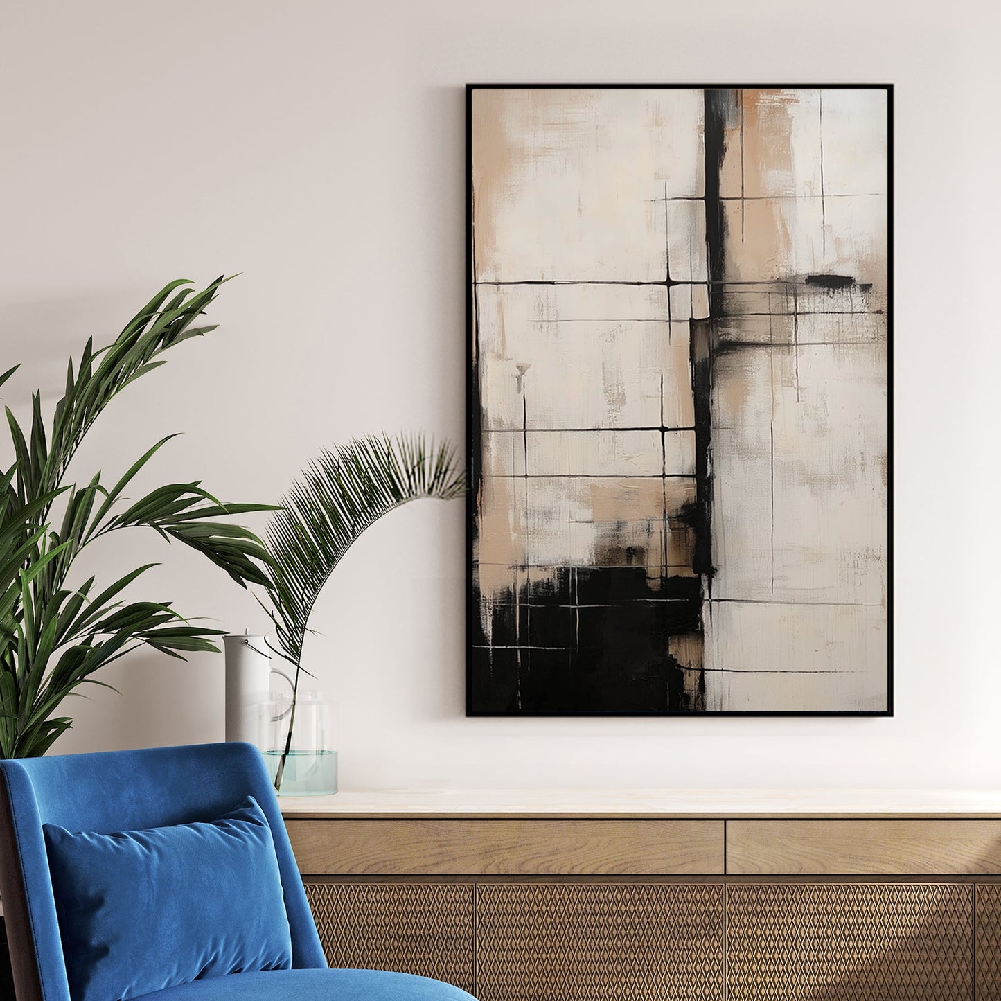 neutral abstract art with black grid lines and beige tones