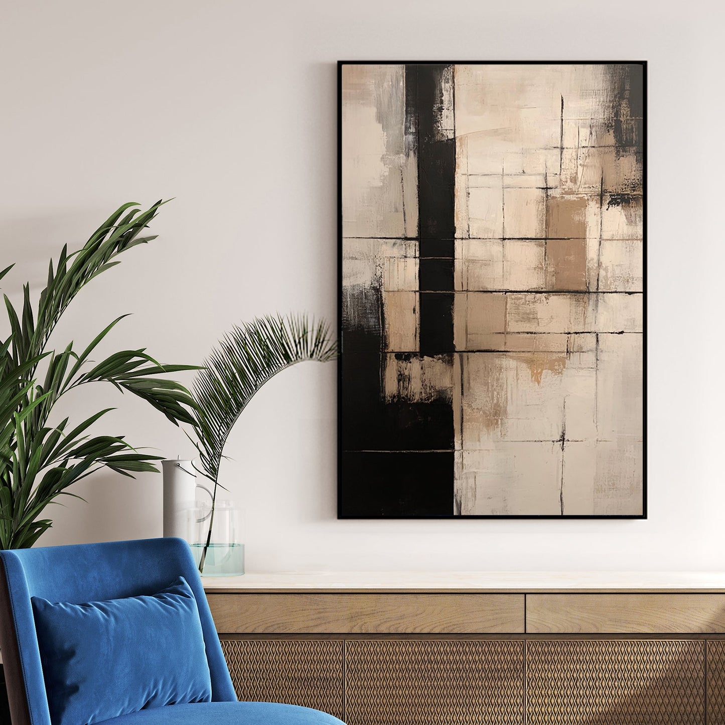 abstract geometric painting in neutral beige and black tones