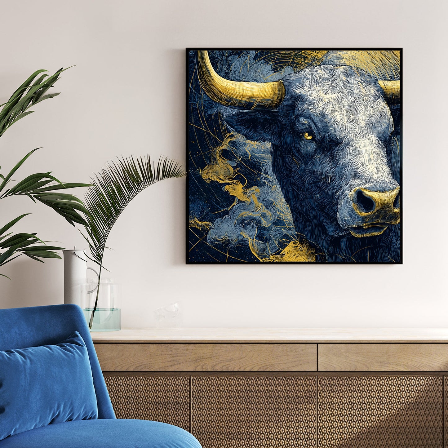 taurus zodiac bull blue and gold wall art