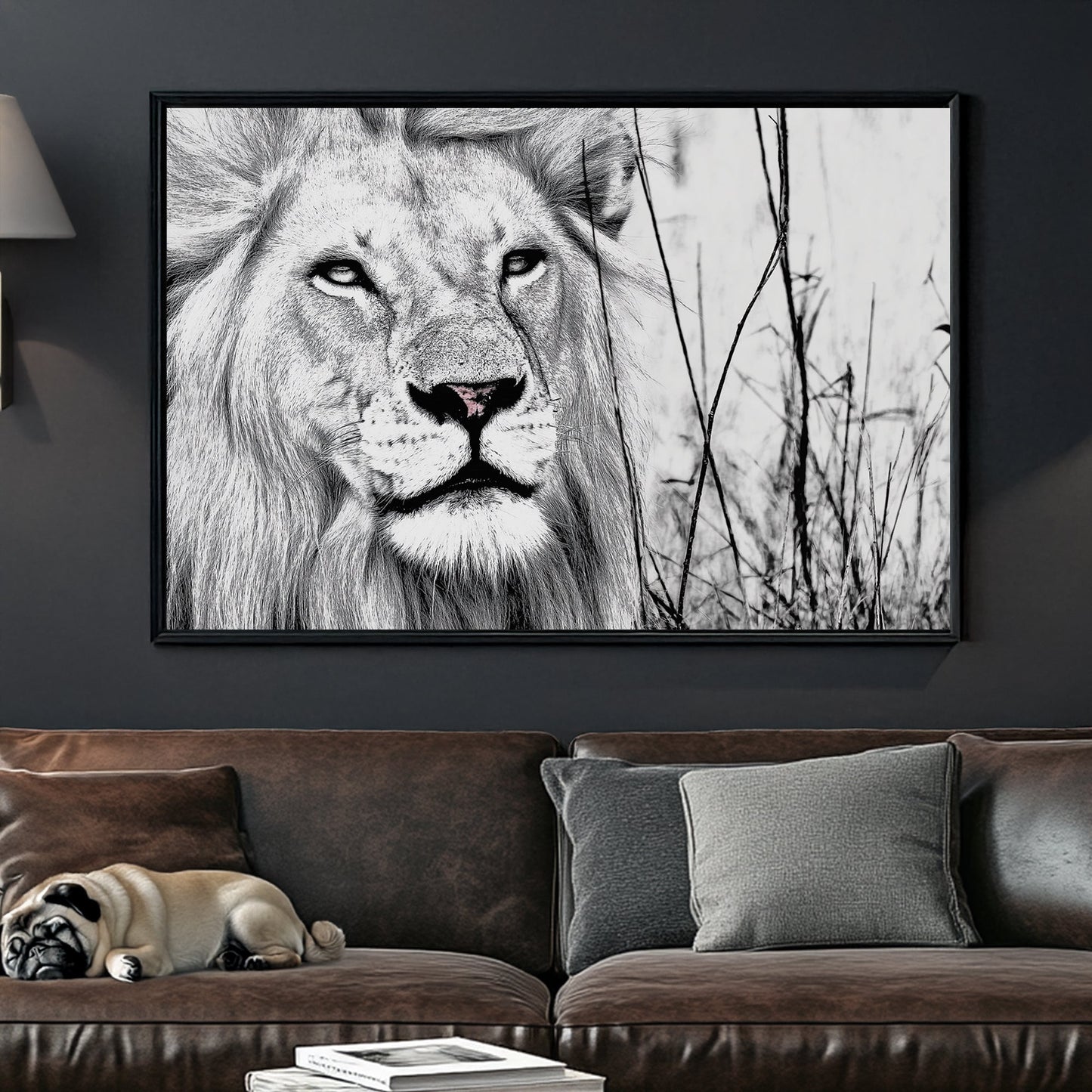black and white lion wall art with intense gaze