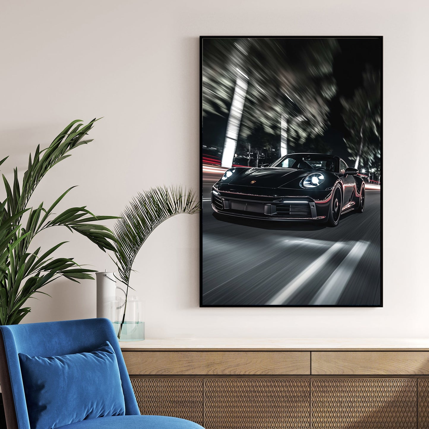 porsche wall art with night motion blur effect