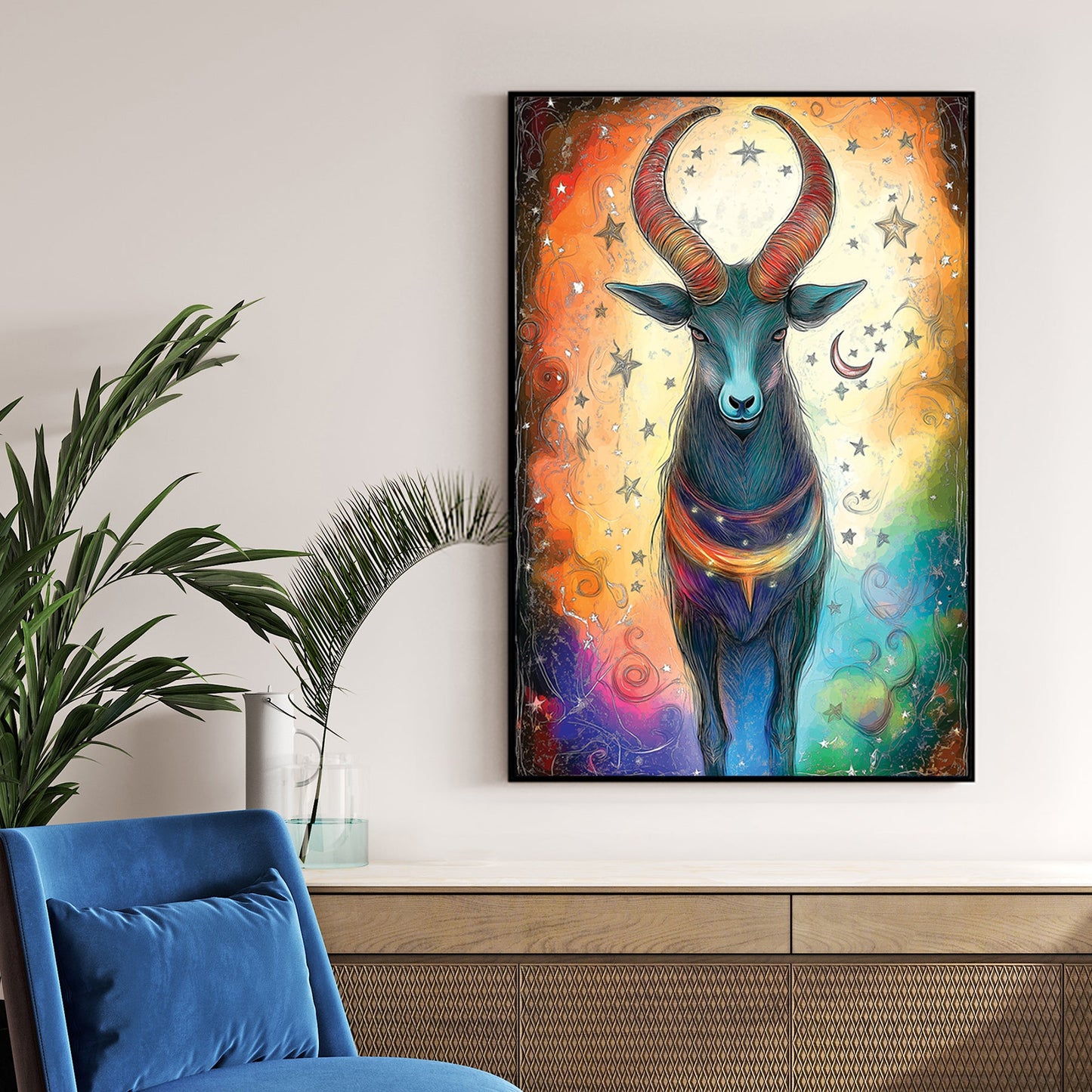 capricorn zodiac wall art with colourful cosmic background