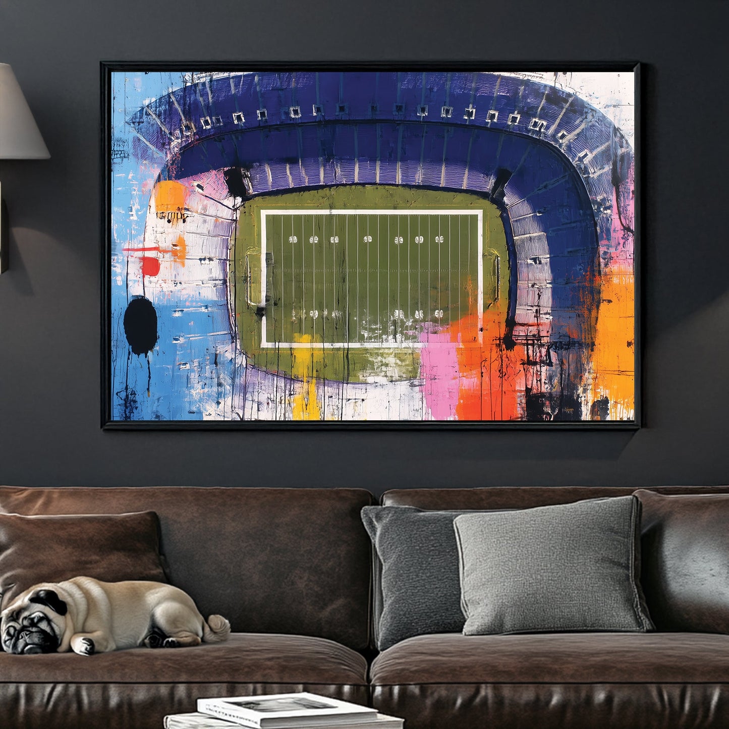 Abstract aerial painting of football stadium with colourful paint splashes