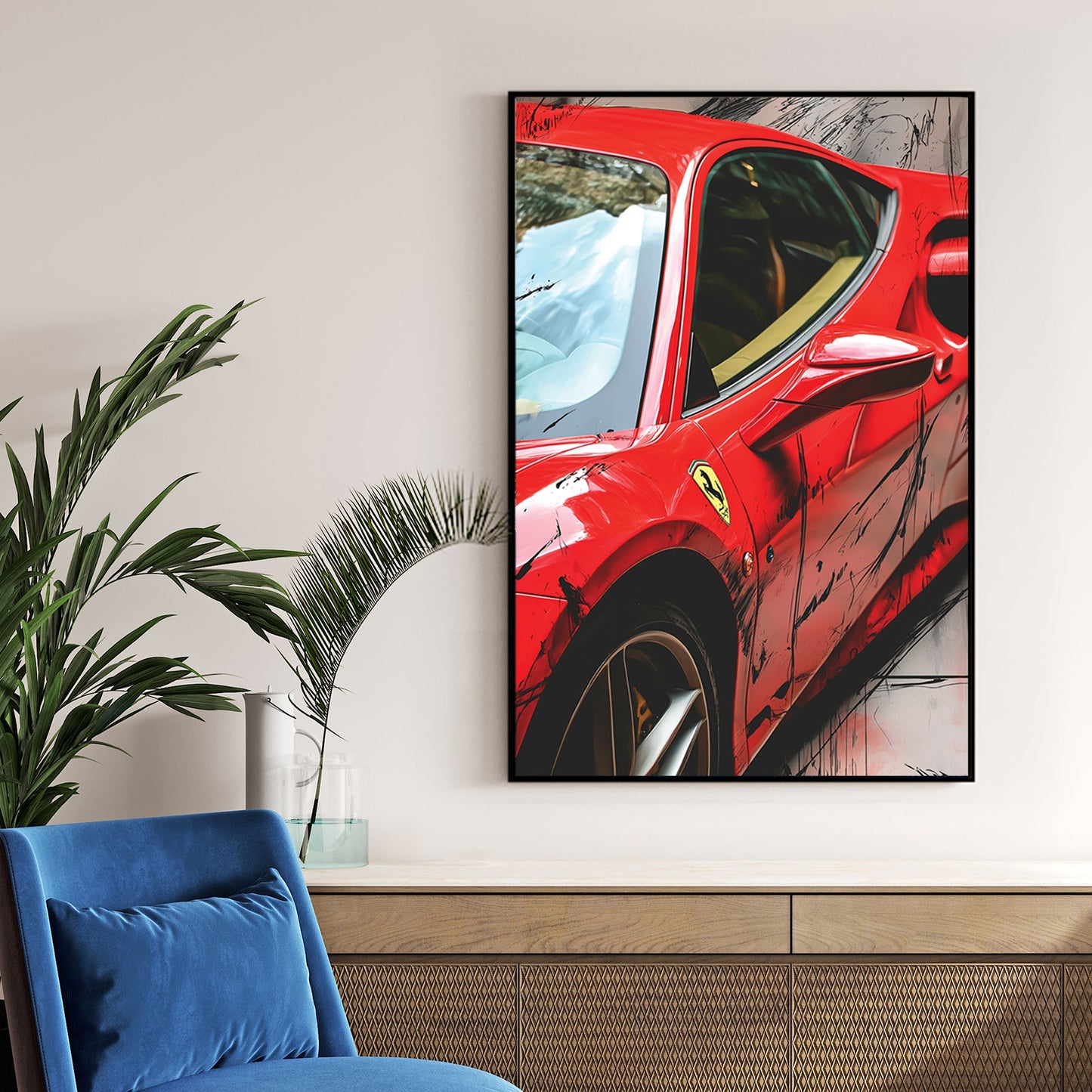 red Ferrari 488 GTB side profile with artistic black paint splashes