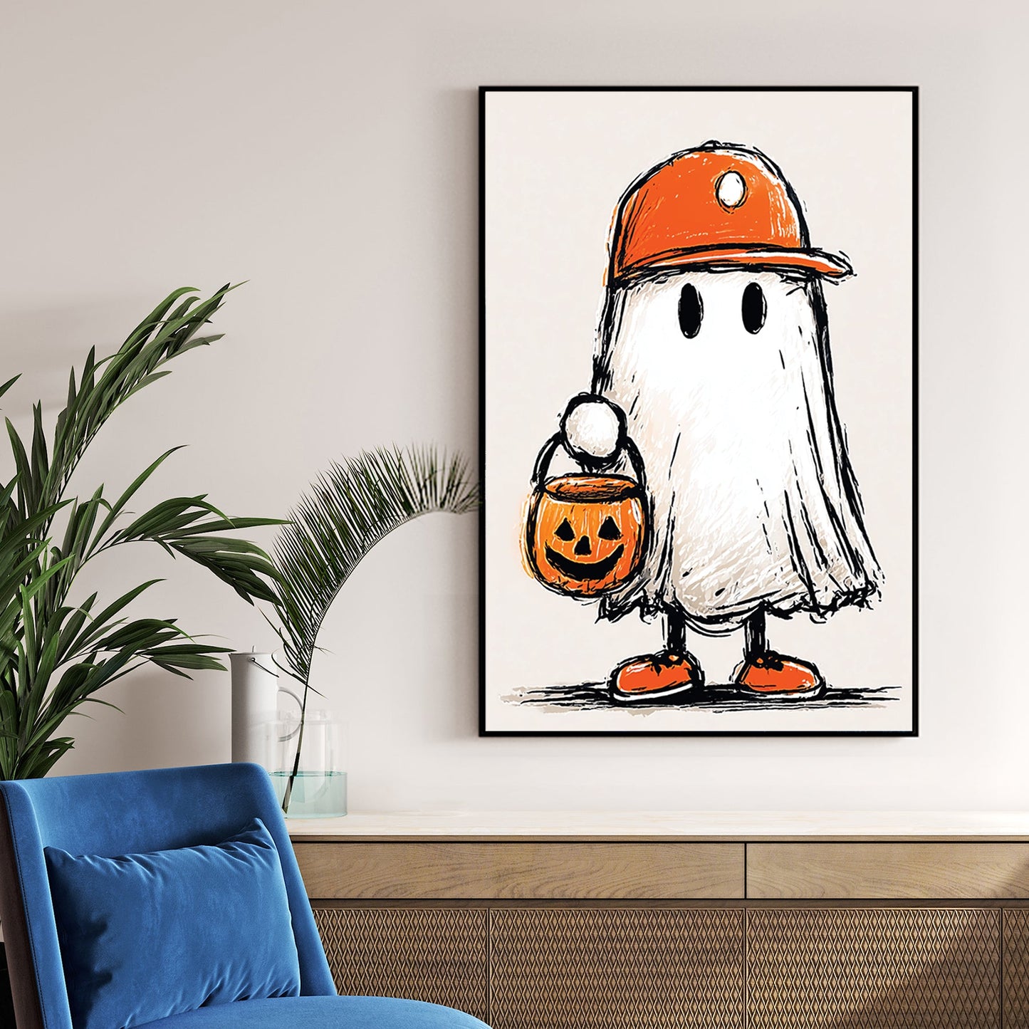 cartoon ghost child in orange hat and sneakers holding jack-o'-lantern bucket