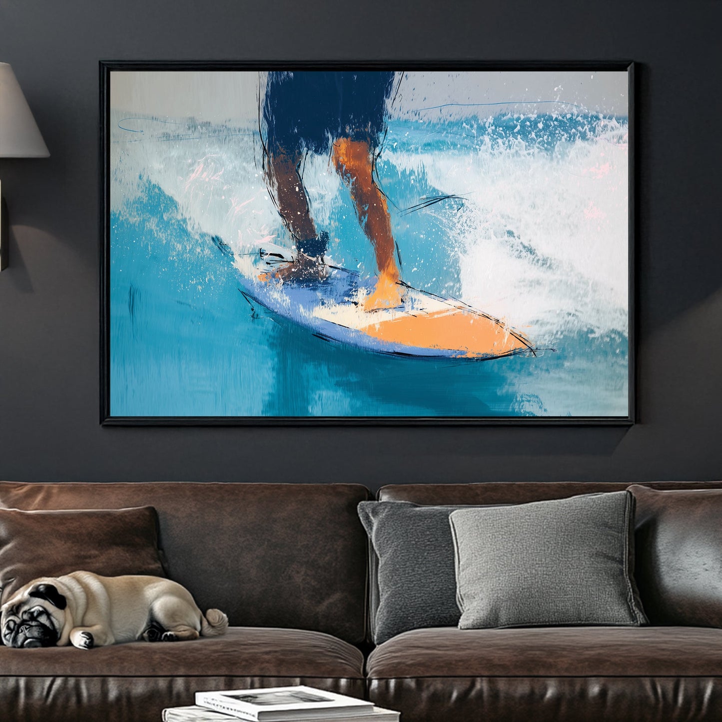 surfer riding wave on orange and blue board abstract painting