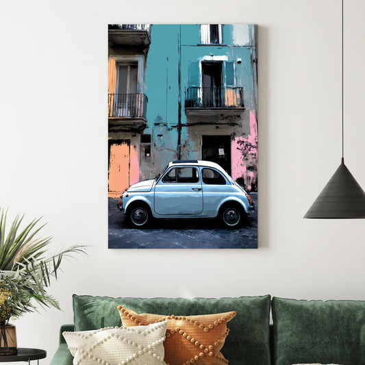 vintage fiat 500 parked in front of pastel building wall art