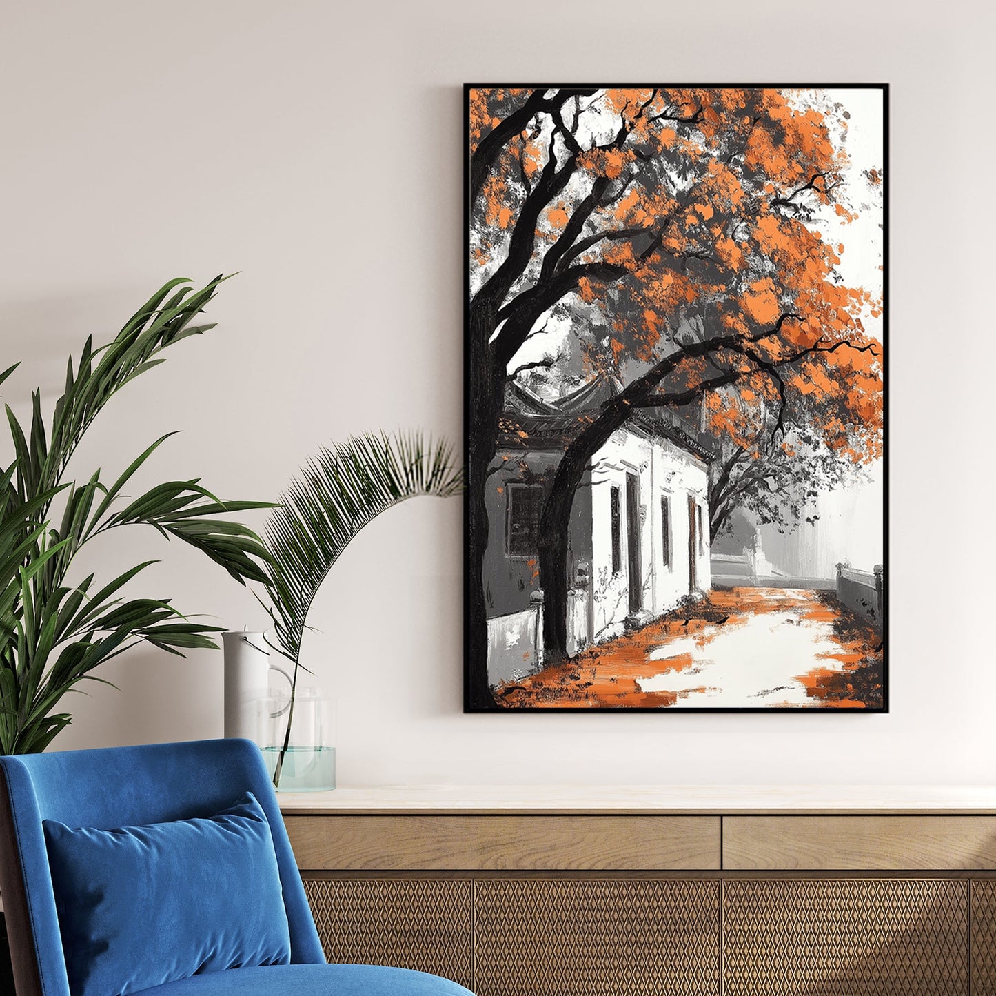 autumn pathway with orange trees wall art