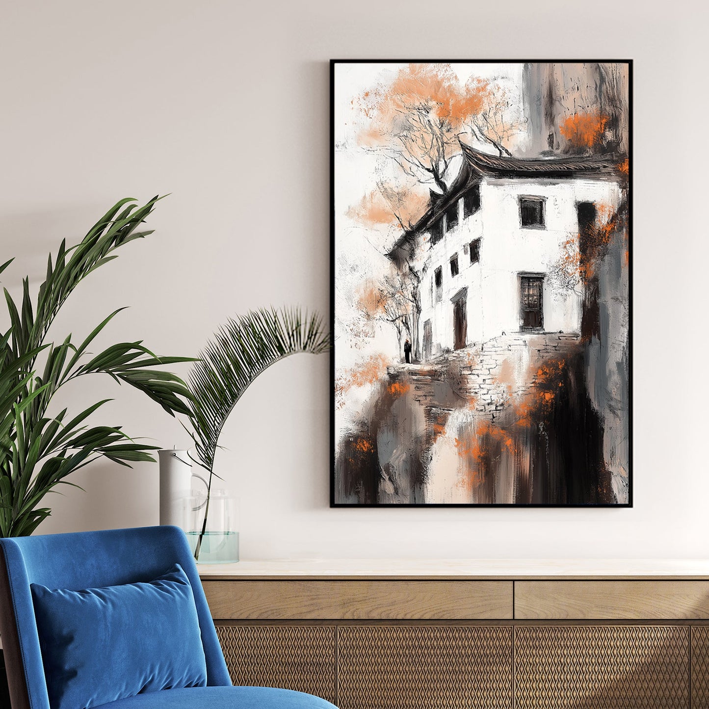 cliffside house in fall wall art