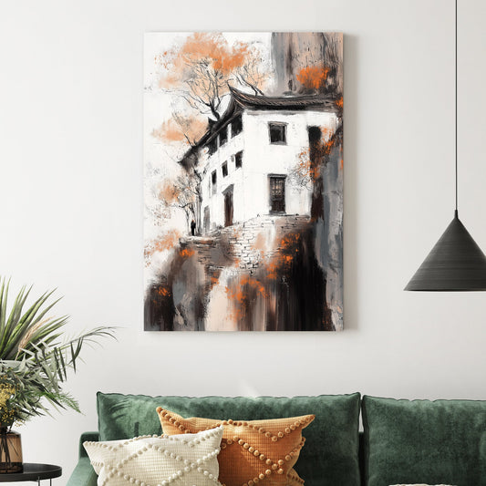 cliffside house in fall wall art