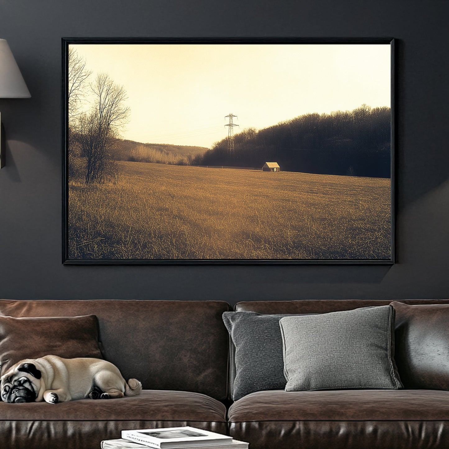 golden fall countryside wall art with cabin