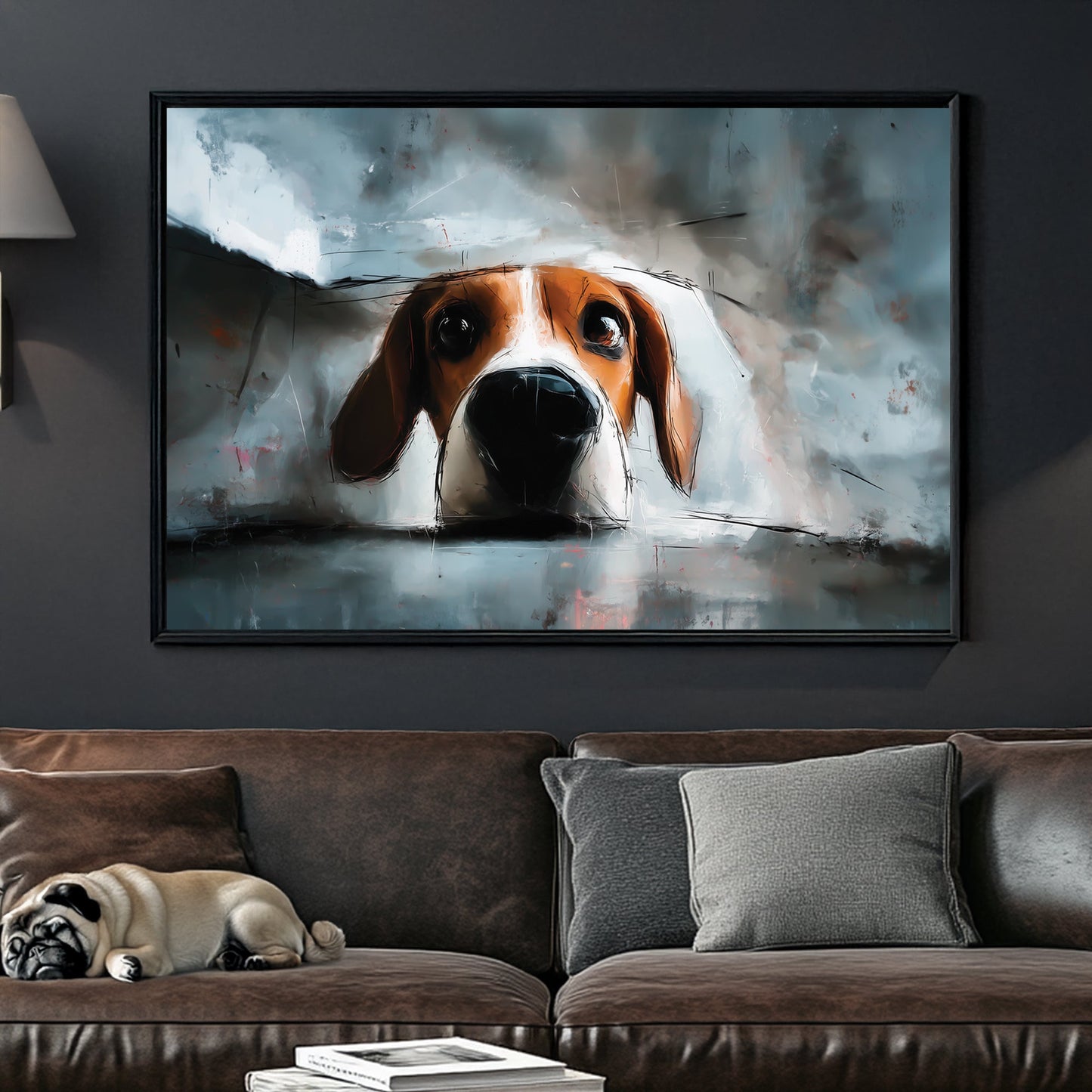 playful beagle puppy peeking over edge digital painting