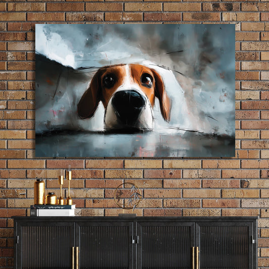 playful beagle puppy peeking over edge digital painting