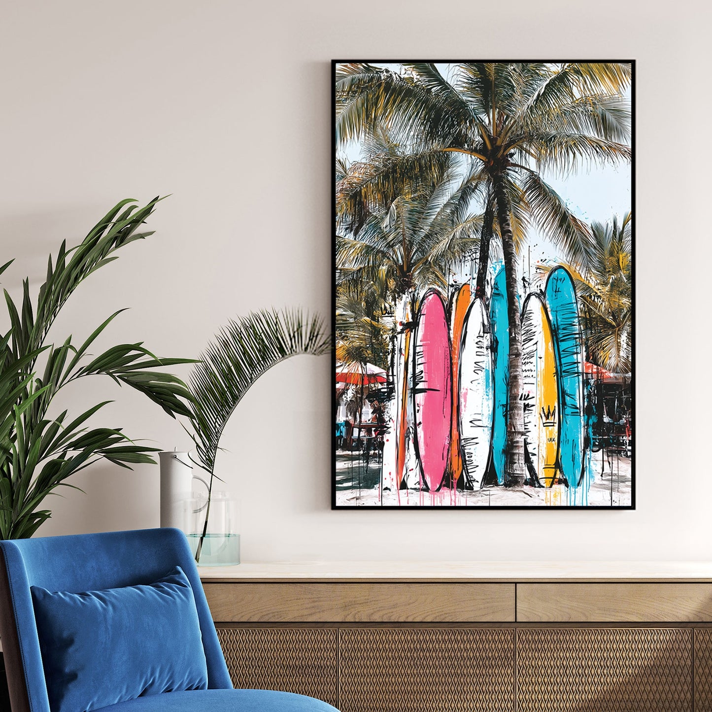 surfboards against palm trees graffiti beach painting