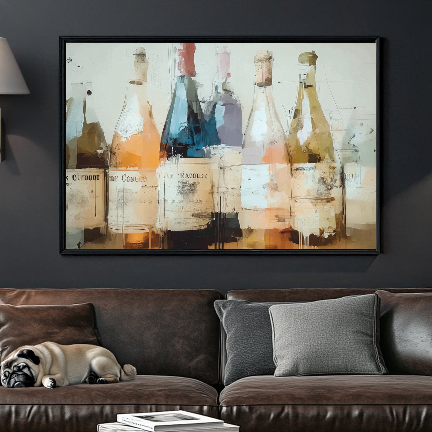 abstract wine bottles painting in soft tones
