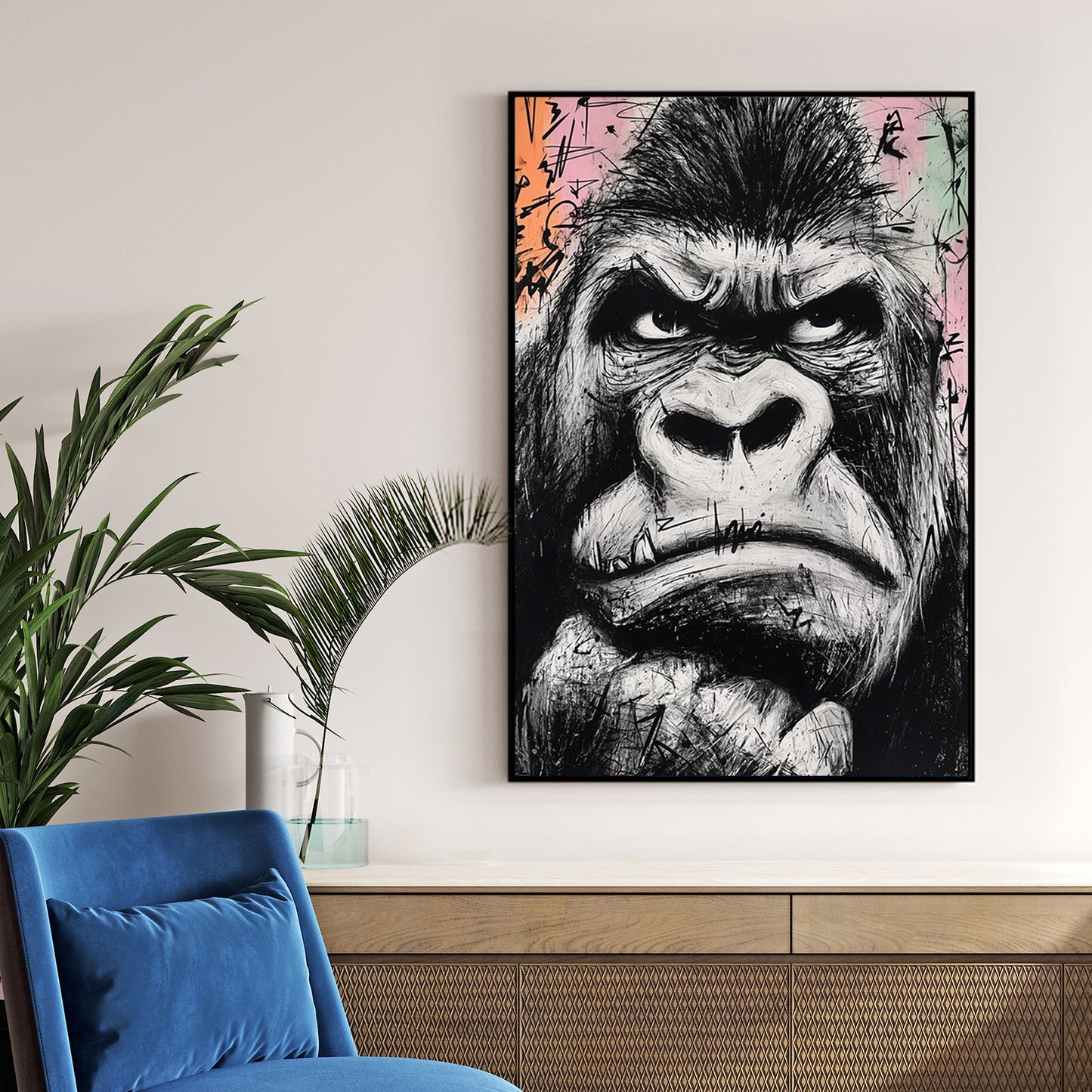 gritty black and white graffiti-style gorilla face painting on pastel background