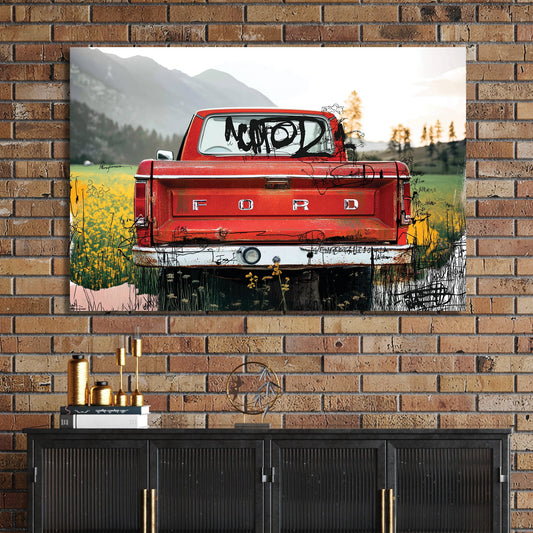 red Ford truck in countryside with graffiti overlay and fall tones