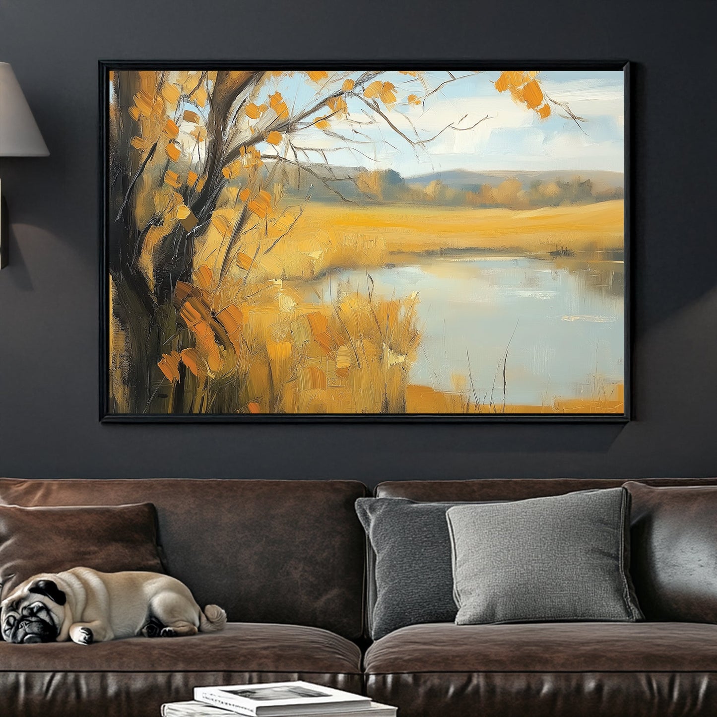 autumn landscape with golden fields and calm water in oil painting style