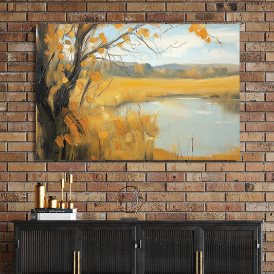autumn landscape with golden fields and calm water in oil painting style