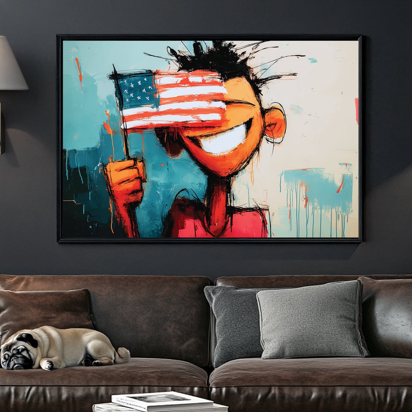 graffiti-style cartoon figure holding American flag with bold smile and abstract background