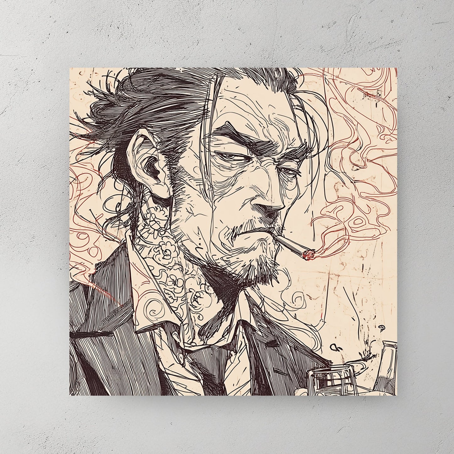 sketched portrait of a tattooed man in suit smoking a cigarette with gritty expression