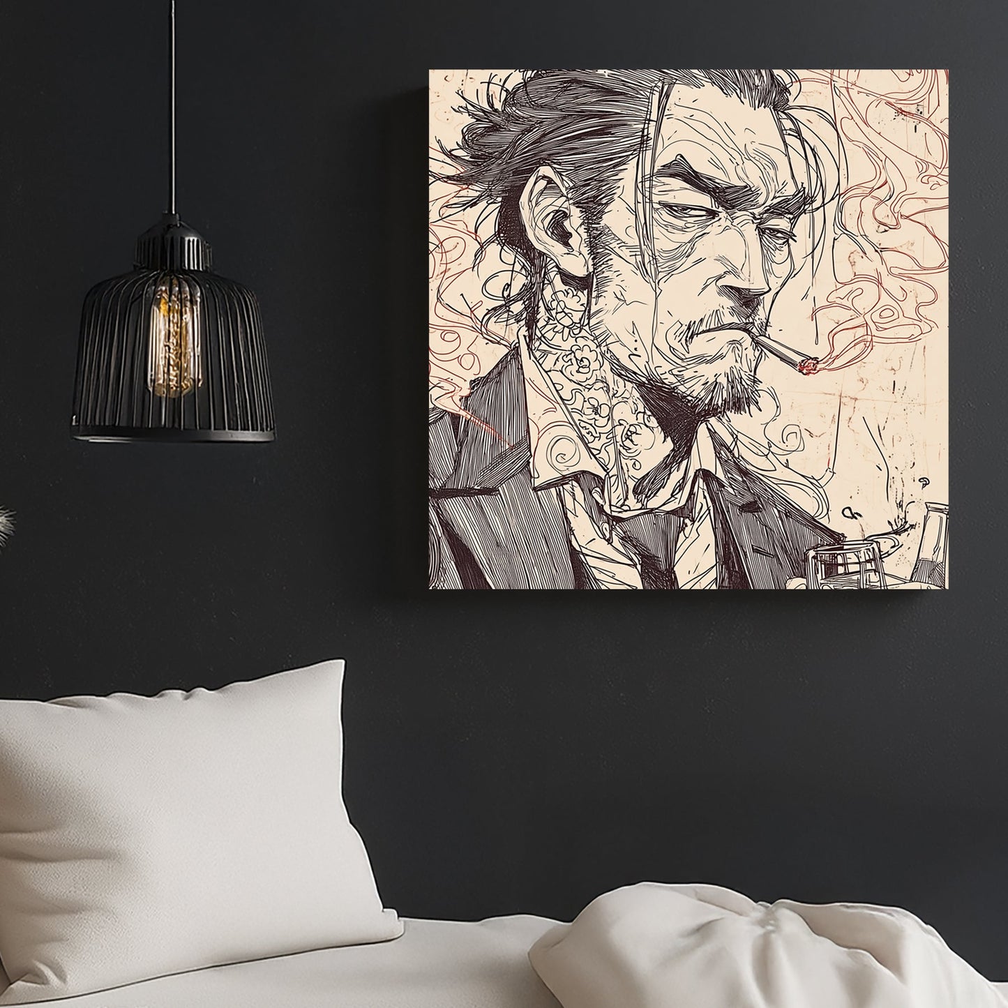 sketched portrait of a tattooed man in suit smoking a cigarette with gritty expression