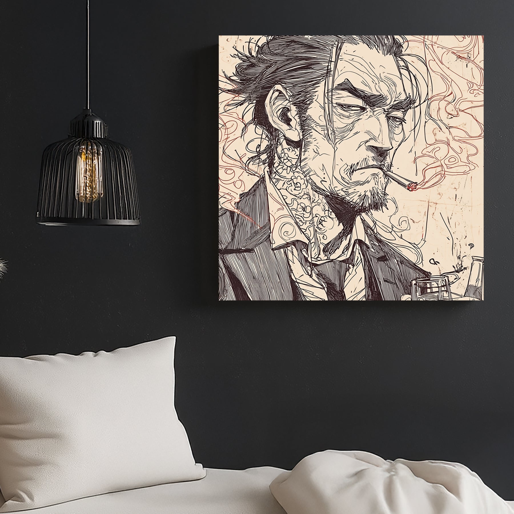 sketched portrait of a tattooed man in suit smoking a cigarette with gritty expression