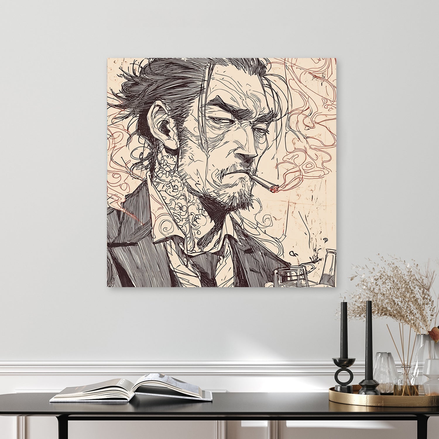 sketched portrait of a tattooed man in suit smoking a cigarette with gritty expression