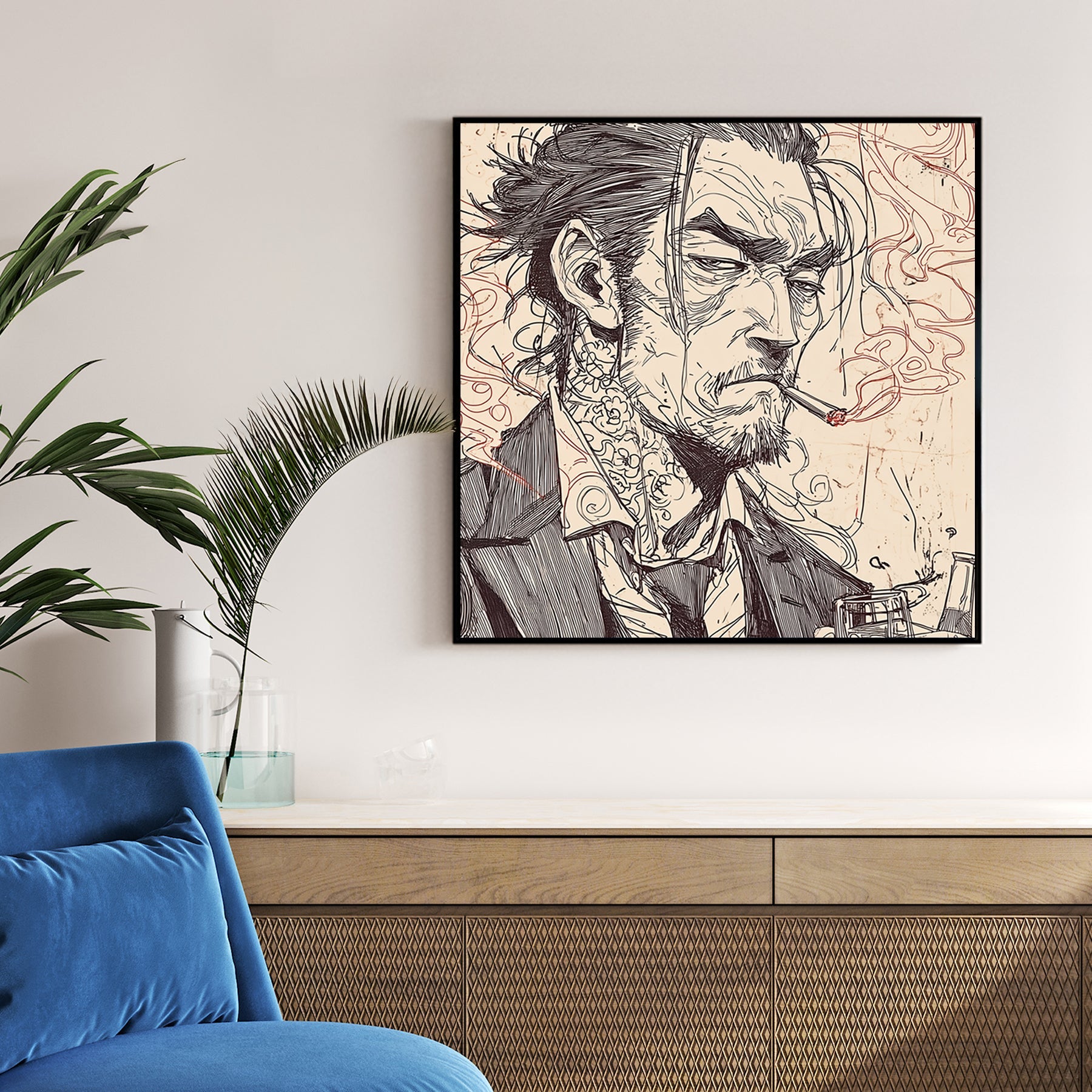 sketched portrait of a tattooed man in suit smoking a cigarette with gritty expression