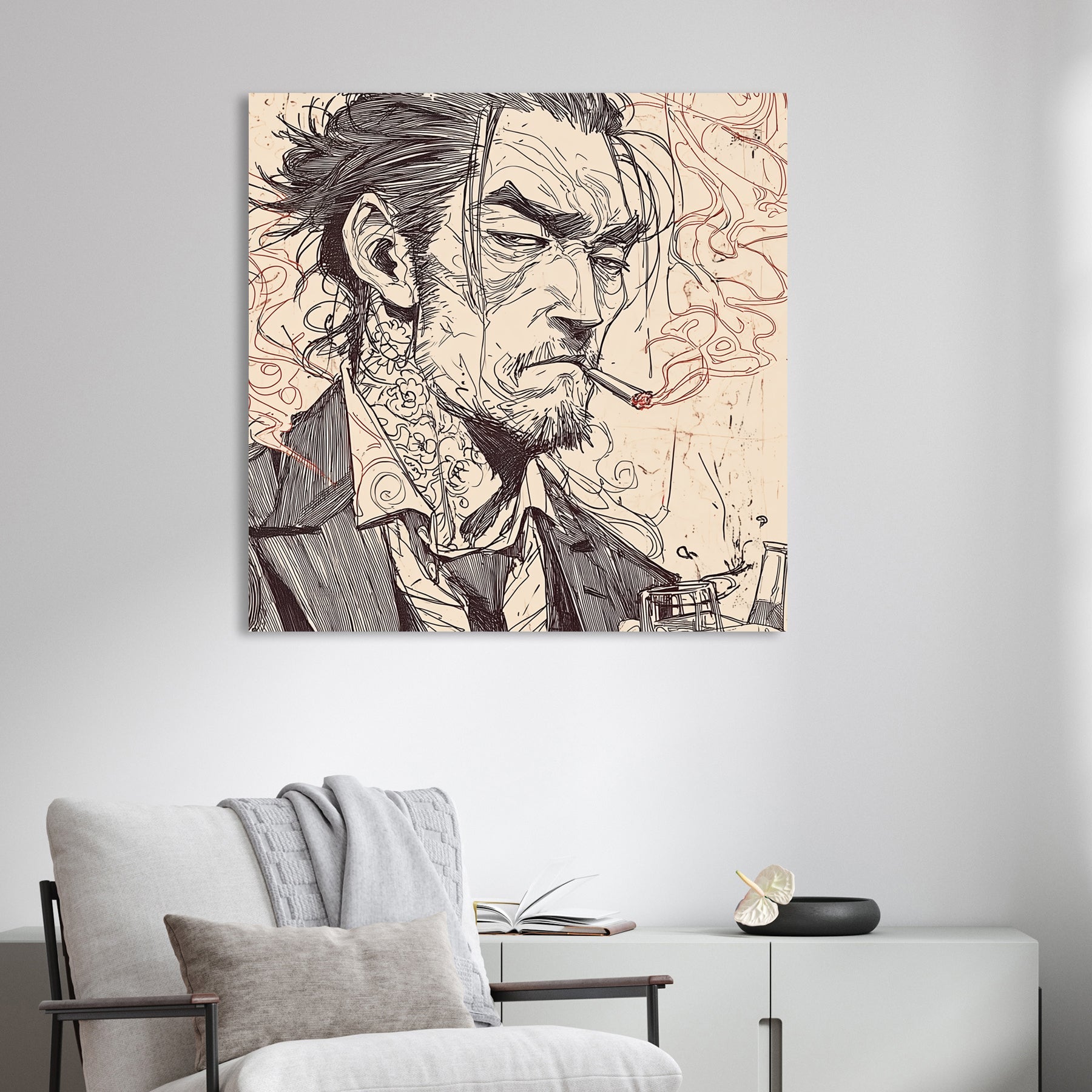 sketched portrait of a tattooed man in suit smoking a cigarette with gritty expression