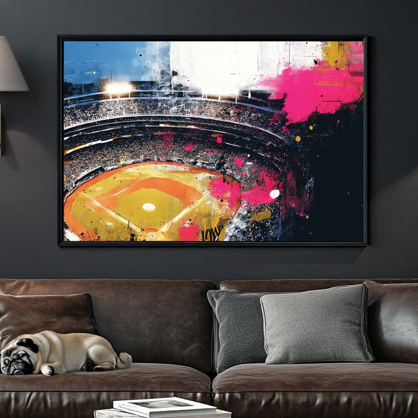 aerial view of a baseball stadium with bright graffiti textures and splashes of colour