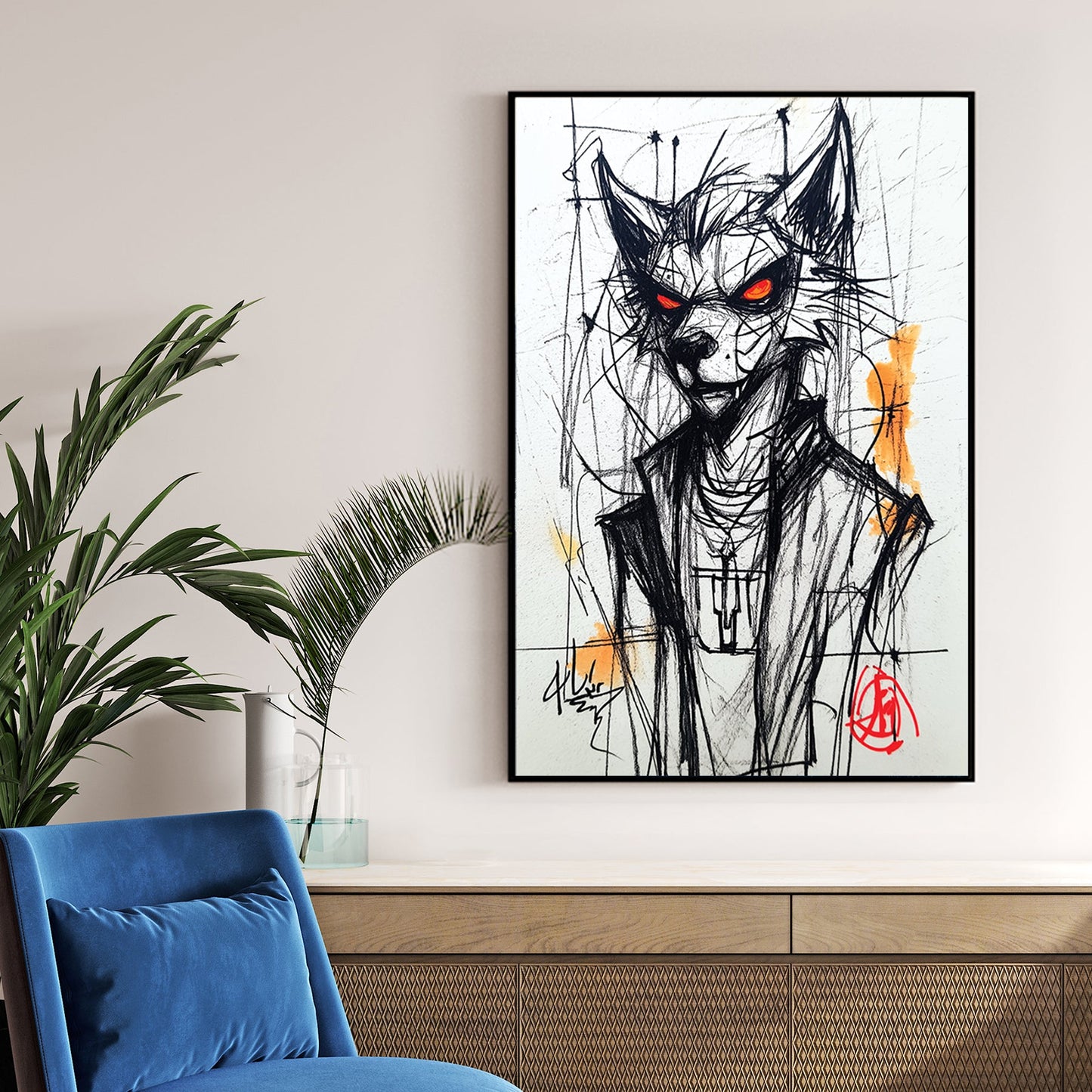 sketch of wolf character with glowing red eyes in streetwear jacket and necklace