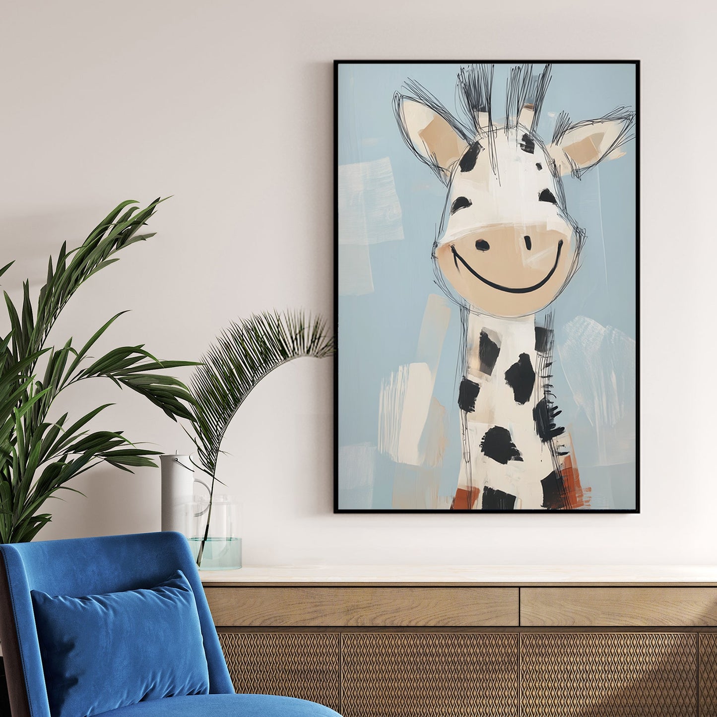 smiling cartoon giraffe illustration on blue background in playful sketchy style